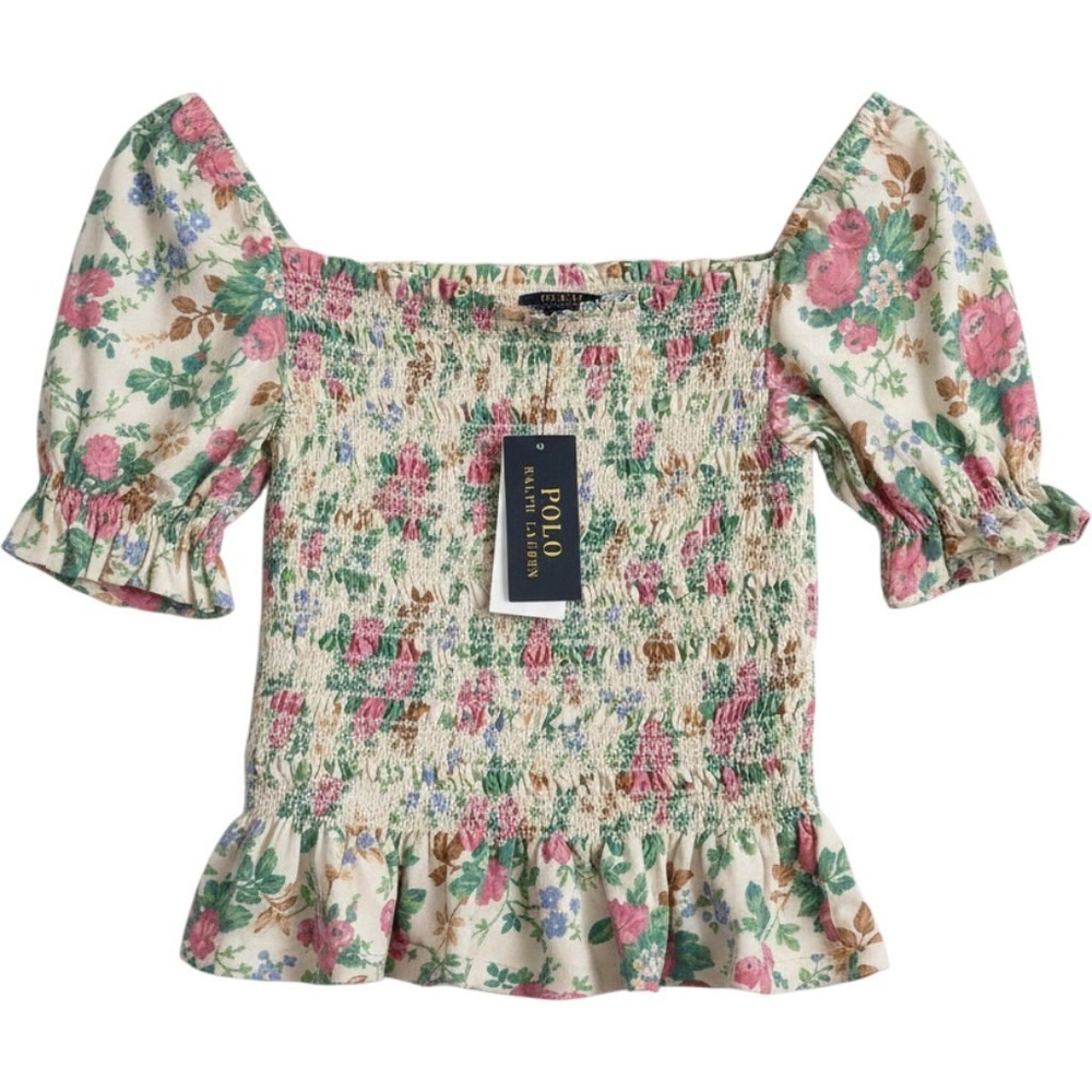 Polo Ralph Lauren Girls XL 16 Floral Smocked Peplum Top Puff Sleeve Cotton NWT